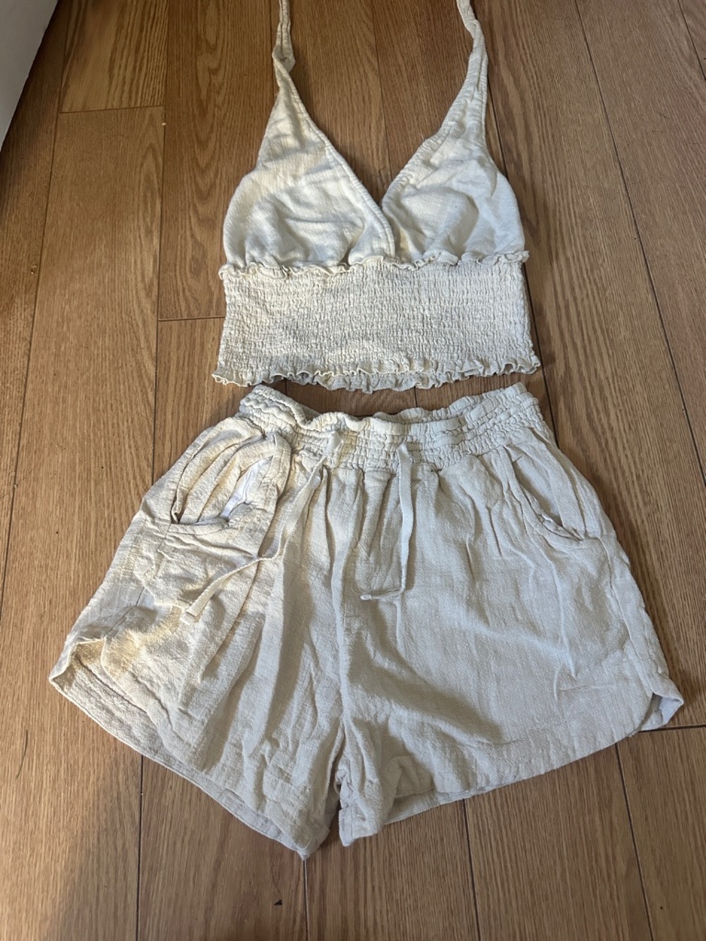 Light Cream Two-Piece Smocked Crop Top & Shorts Set